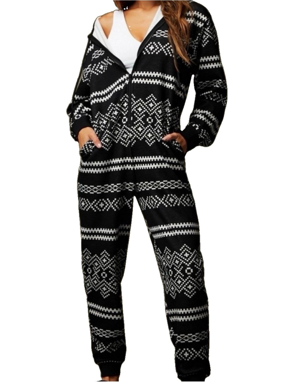 Fabletics Jumpsuit Nordic Printed Hooded One Piece Zip Up Loungewear Black Sz M